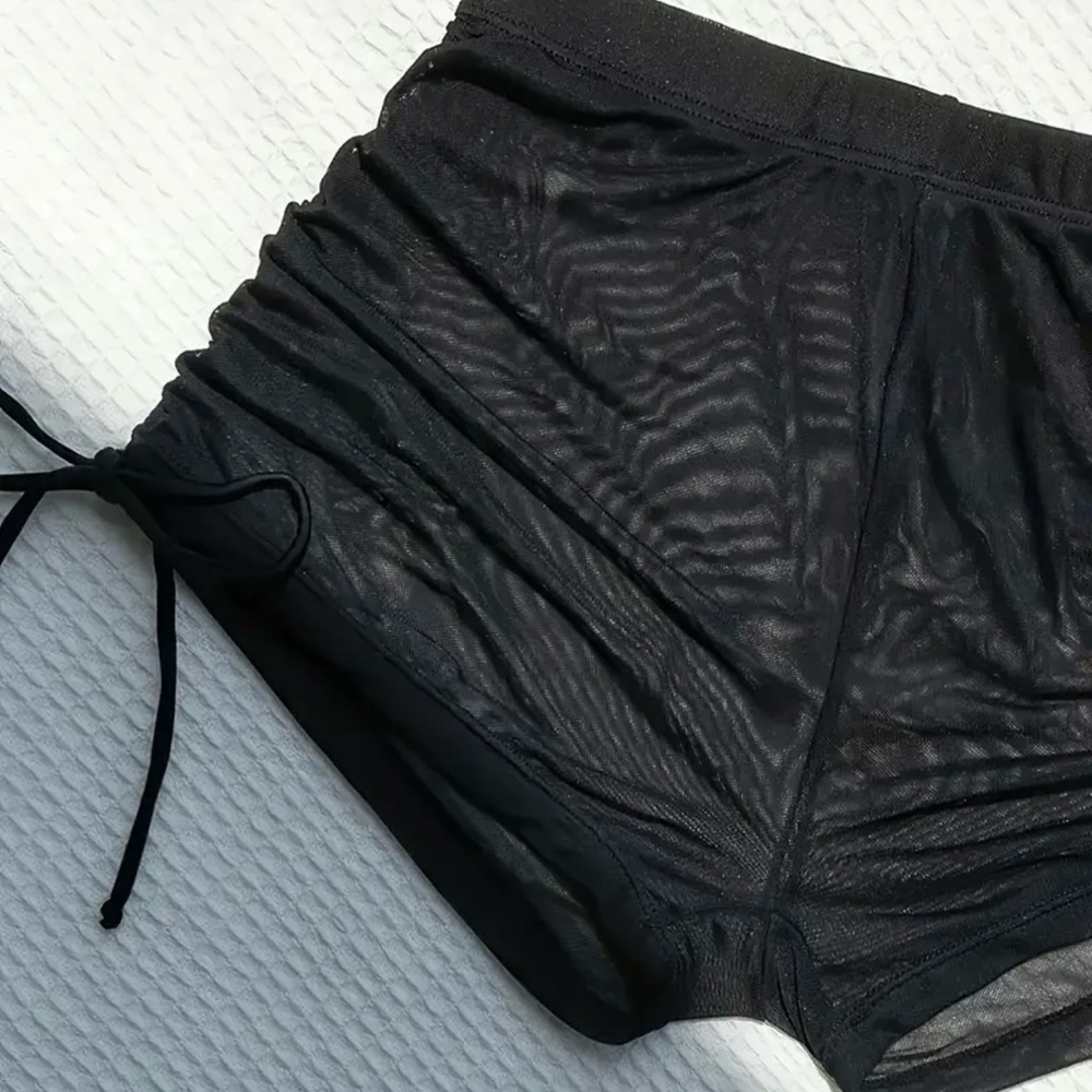 Sexy Black Mesh Drawstring Cover Up Shorts - Picture 3 of 5